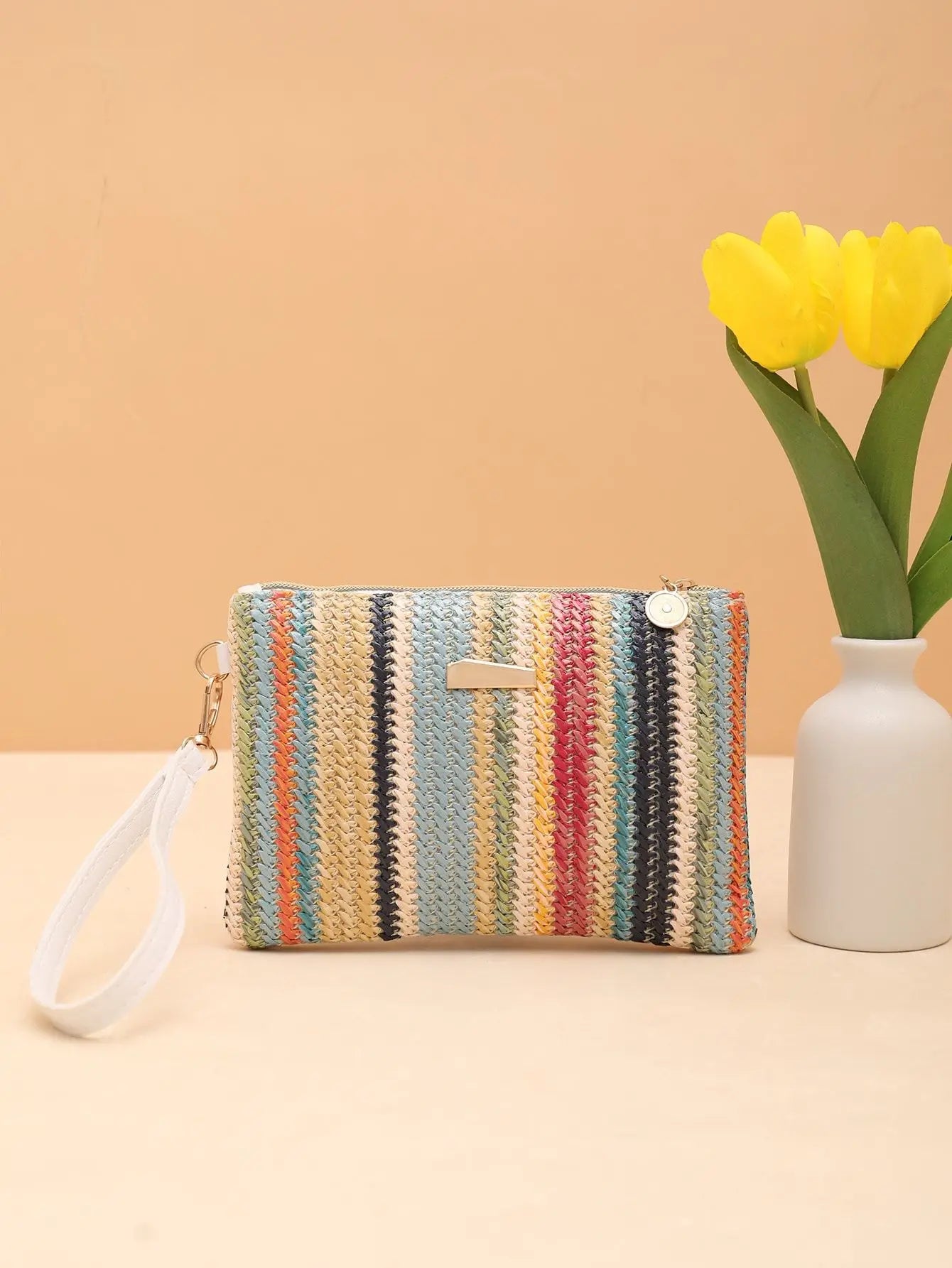 Borsa intrecciata di paglia colorata onda borsa da donna con pochette a scatto borsa da spiaggia estiva borsa intrecciata a mano borsa per cellulare portafoglio femminile