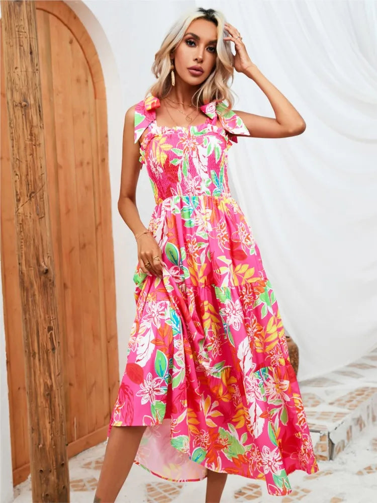 Abito da donna floreale con stampa estiva Abito lungo allentato casual elegante con cinturino per spaghetti per le donne Nuovo abito da festa per le vacanze