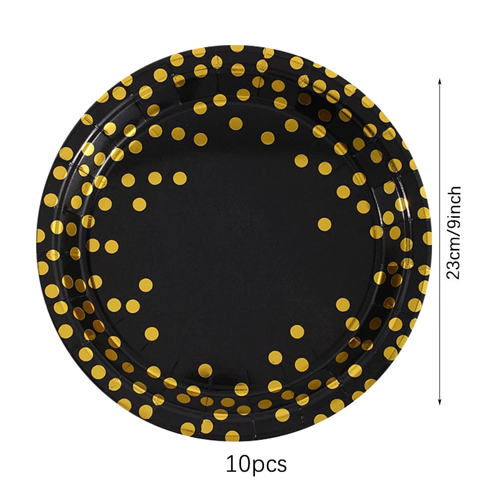 Set di stoviglie usa e getta per compleanno in oro nero, piatti di carta, tazze, tovaglioli, tovaglie, decorazione per feste di buon compleanno per adulti, matrimonio