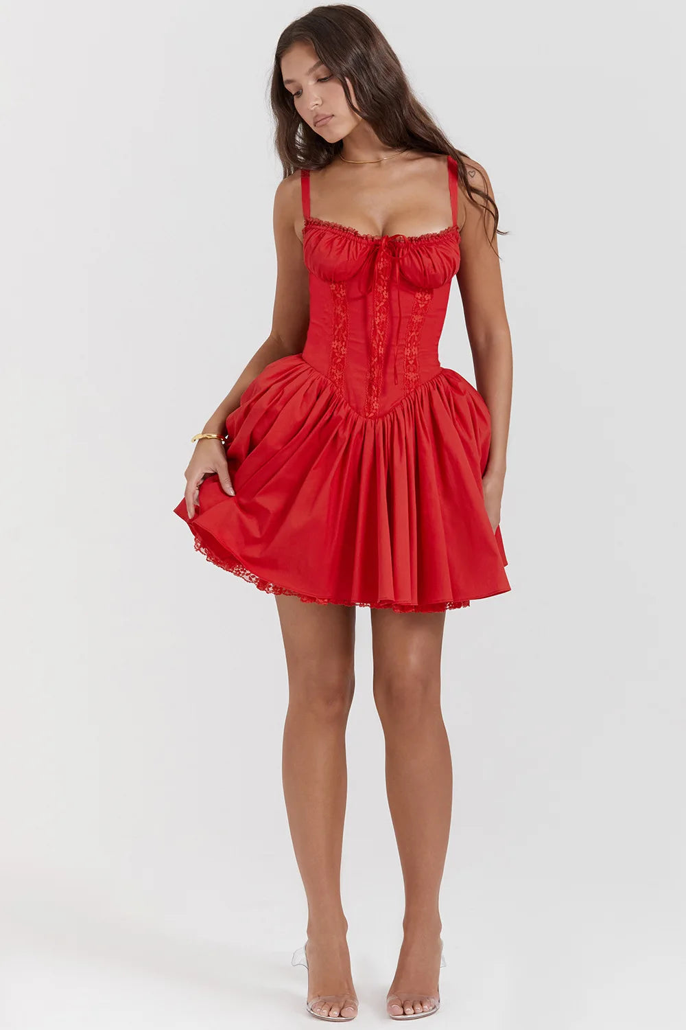Mini Abito Estivo da Donna Elegante in Pizzo Floreale con Corsetto, Vestito Casual Corto Bianco Giallo Rosso Blu
