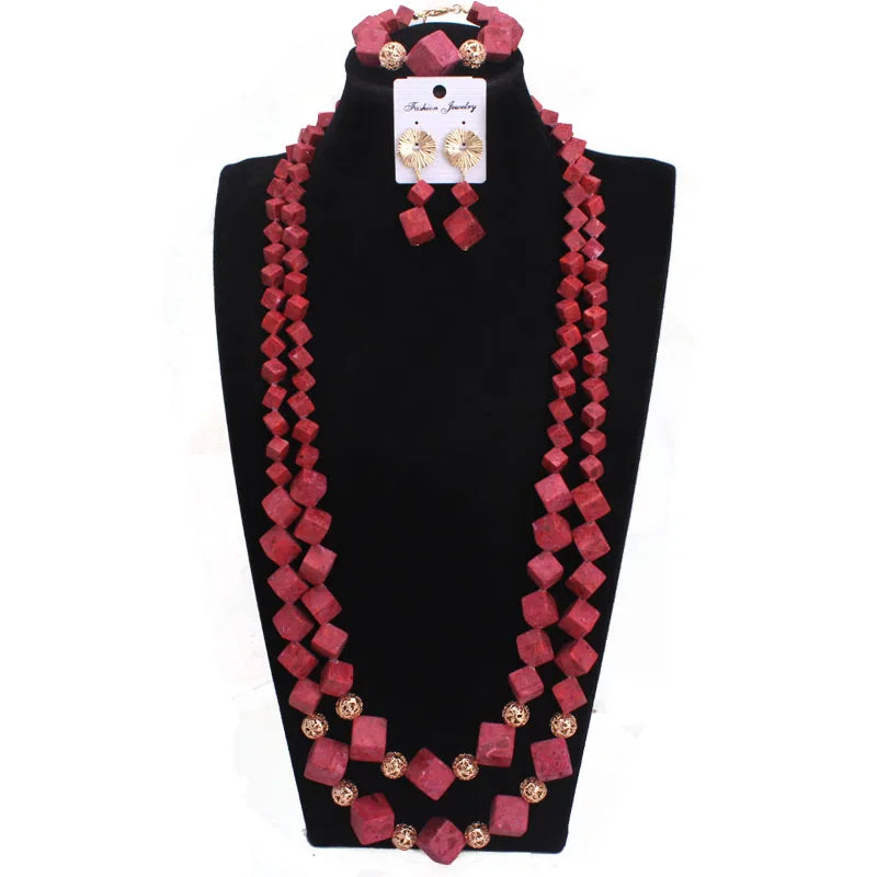 Dudo Jewelry Big Coral Beads African Jewelry Set 3 Layers Bracelet Earrings And Necklace Set Costume Jewelry