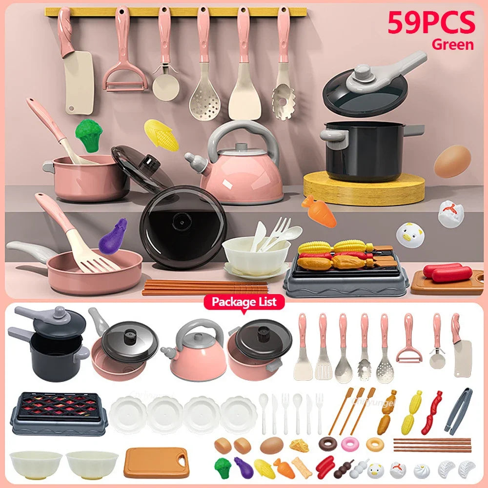 Set di giocattoli da cucina per bambini 59/69 pezzi Kit di accessori da cucina da gioco con pentole da gioco Padelle Fai finta di cibo Giocattolo da cucina Regalo per ragazze e ragazzi