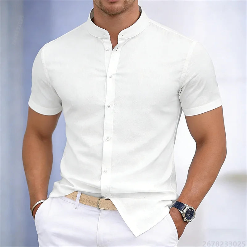 Camicia da uomo a maniche corte con colletto rialzato, bianca o nera, tinta unita, vestibilità slim, top da uomo business casual, taglie XS-6XL.