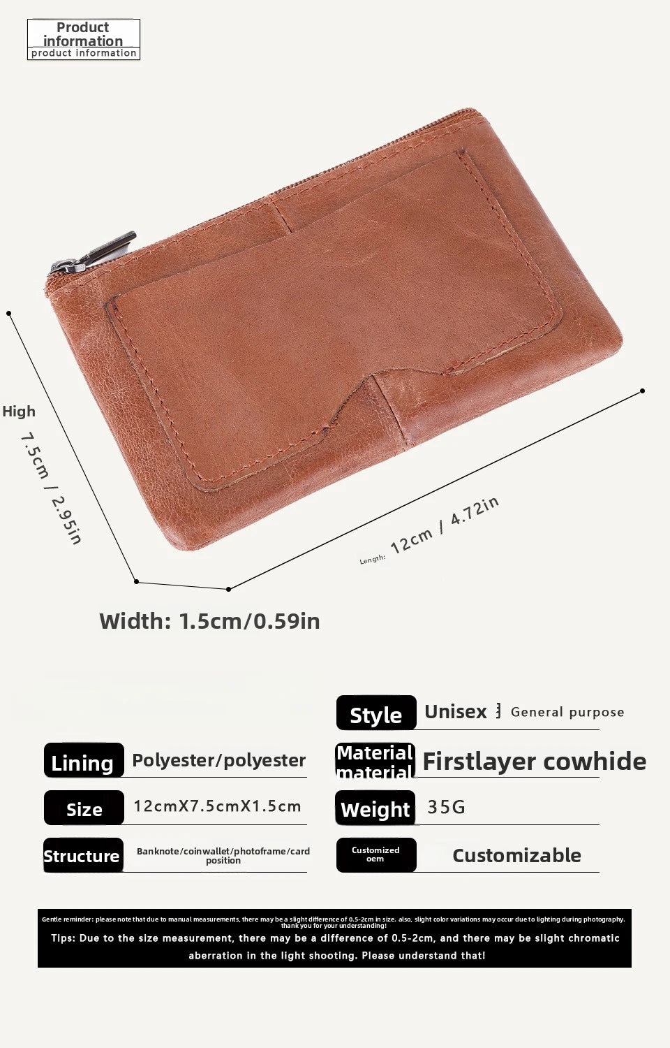 Piccolo Portacarte in Pelle di Vacchetta per Uomo e Donna, Portamonete Sottile, Porta Carte di Credito e Portachiavi