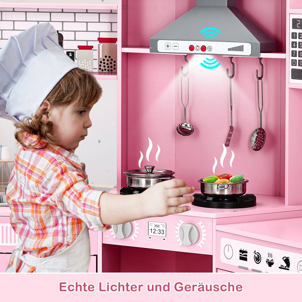 Cucina per bambini JOYLDIAS in legno, cucina giocattolo XXL ad angolo con suoni e luci, cucina giocattolo incl. accessori. Forno a microonde e forno per bambini