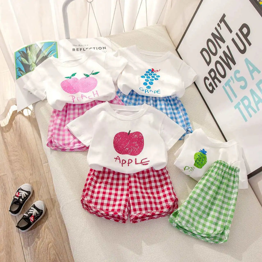 Set di Moda 2 Pezzi per Bambina con Stampa Frutta, T-shirt a Maniche Corte + Pantaloncini a Quadri, Abbigliamento Principessa per Bambini 0-6 Anni