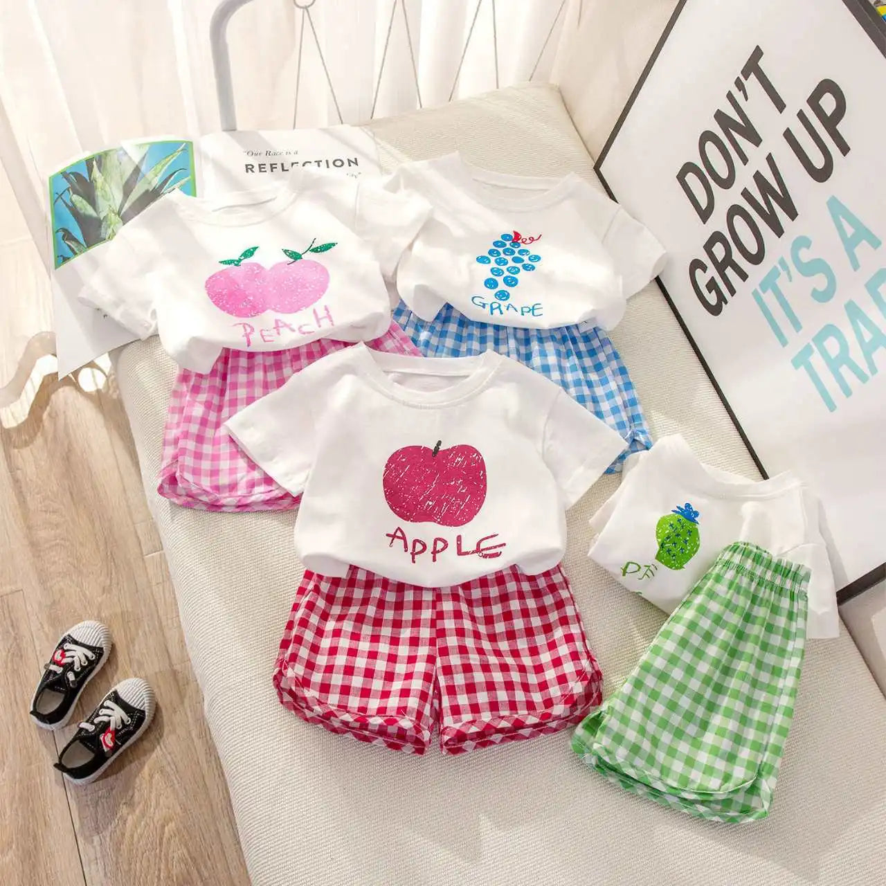 Set di Moda 2 Pezzi per Bambina con Stampa Frutta, T-shirt a Maniche Corte + Pantaloncini a Quadri, Abbigliamento Principessa per Bambini 0-6 Anni
