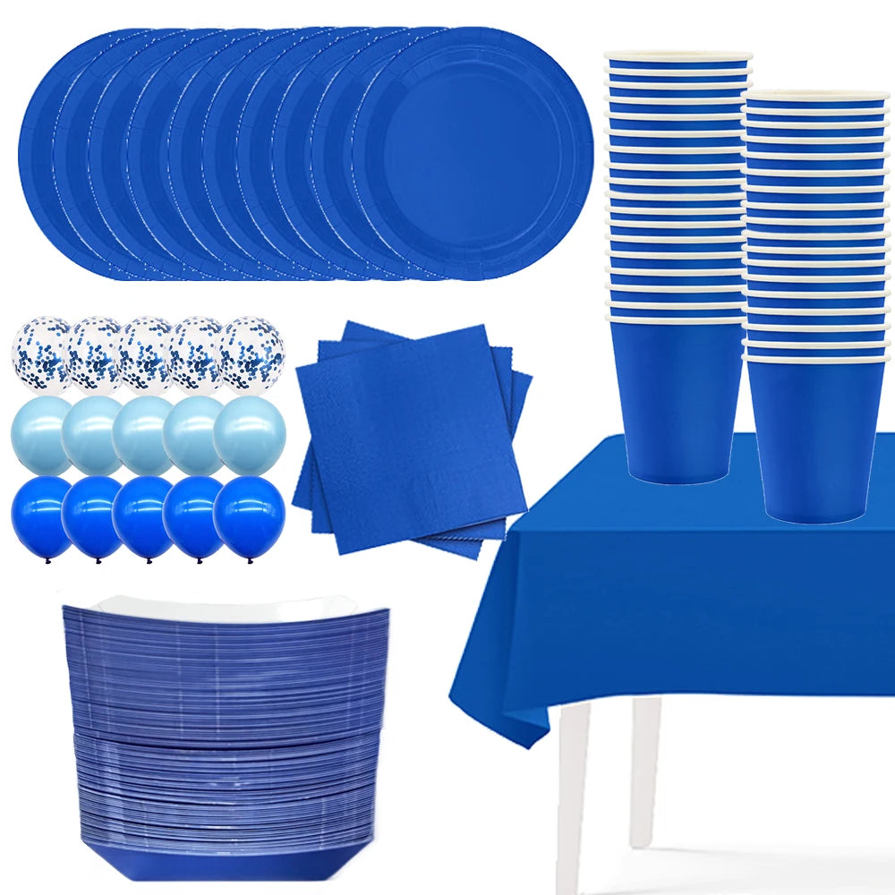 Solido tema blu scuro Stoviglie usa e getta Compleanno Kid Baby Shower Festa di nozze Tovaglioli Tazze Piatti Tovaglia Decor Supplie