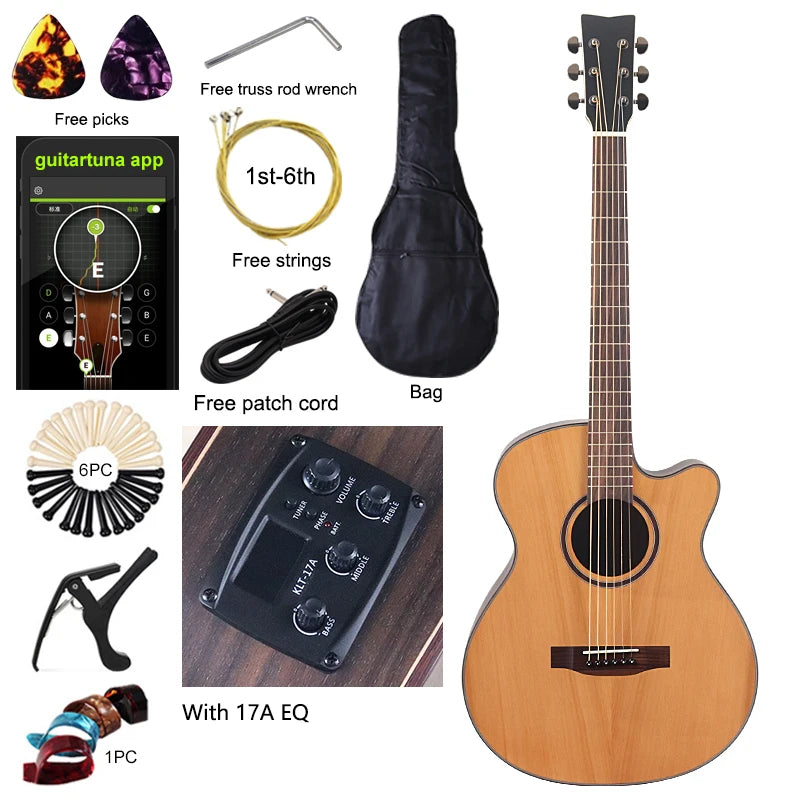 Chitarra acustica elettrica da 40 pollici a 6 corde Colore naturale Colore marrone Chitarra folk di alta qualità con parte superiore in legno massello di abete rosso