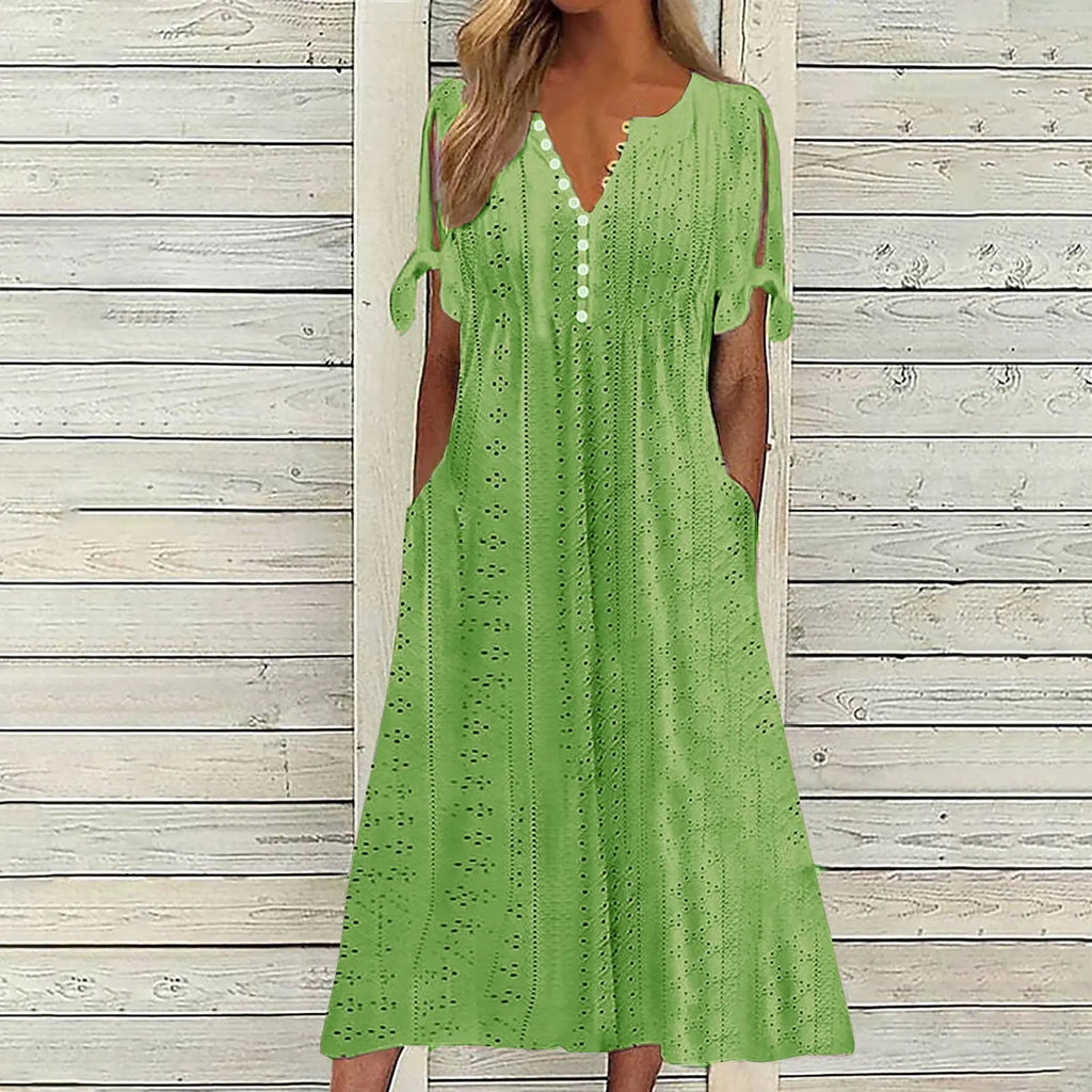 Abito Midi Estivo da Donna Boho con Occhielli e Spalle Scoperte, Maniche Corte, Scollo a V, Bottoni, Vestibilità Ampia, Stile Casual a Trapezio con Tasche