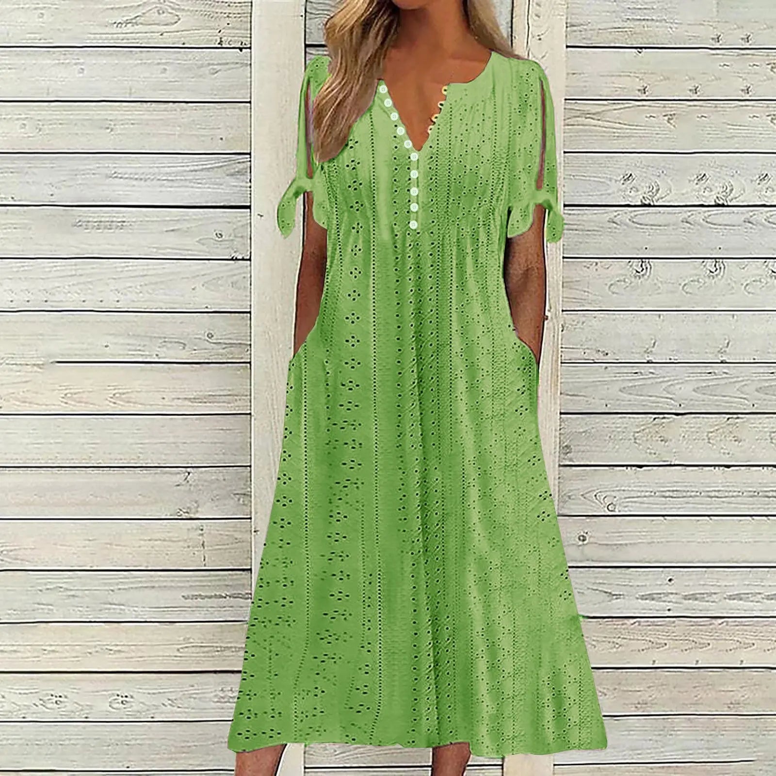 Abito Midi Estivo da Donna Boho con Occhielli e Spalle Scoperte, Maniche Corte, Scollo a V, Bottoni, Vestibilità Ampia, Stile Casual a Trapezio con Tasche