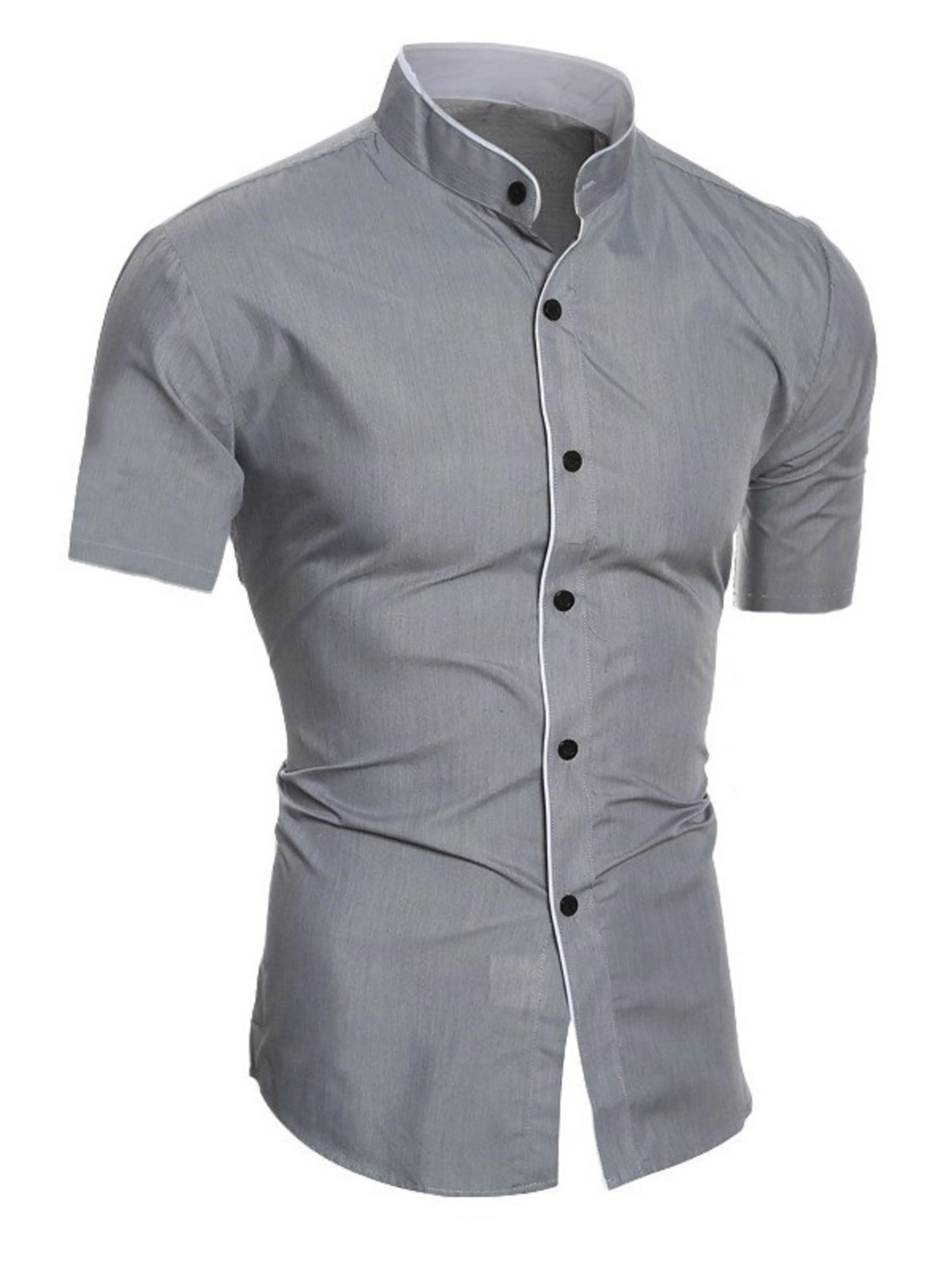 Camicia estiva da uomo alla moda casual a maniche corte, top con colletto rialzato in tinta unita da uomo slim comodo e traspirante