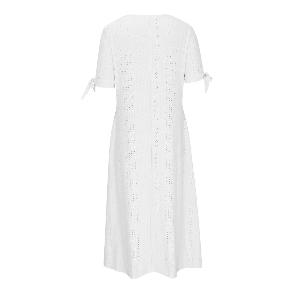 Abito Midi Estivo da Donna Boho con Occhielli e Spalle Scoperte, Maniche Corte, Scollo a V, Bottoni, Vestibilità Ampia, Stile Casual a Trapezio con Tasche