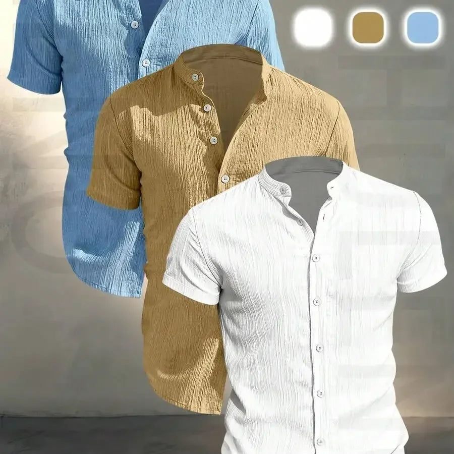 3 pezzi di camicie casual da uomo a maniche corte con colletto rialzato, estive, leggere, traspiranti, tinta unita, con bottoni