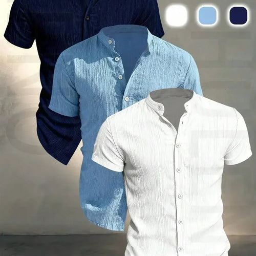 3 pezzi di camicie casual da uomo a maniche corte con colletto rialzato, estive, leggere, traspiranti, tinta unita, con bottoni
