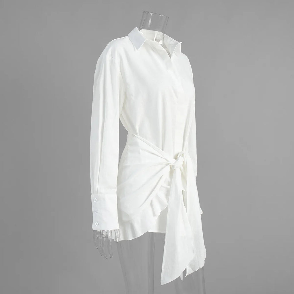 Abito chemisier casual da donna tinta unita con lacci, estivo, con risvolto, maniche lunghe, bottoni, mini abito plissettato, copricostume da spiaggia, outfit per vacanze 2026