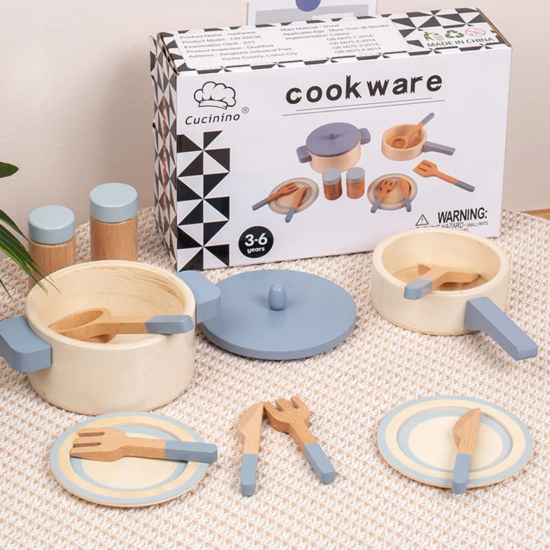 Giocattoli da cucina di simulazione per bambini in legno, giocattoli educativi per la prima educazione, vasi e padelle di simulazione, cibo, chef di giochi di ruolo
