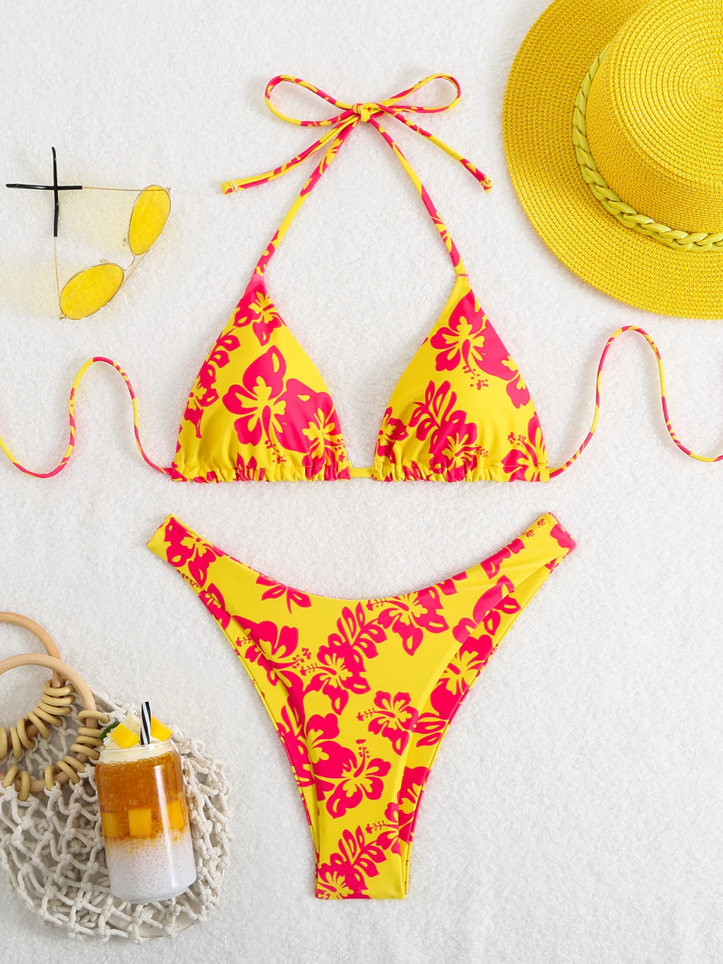 Costume da bagno estivo da donna sexy a vita alta con stampa floreale retrò in 2 pezzi con lacci
