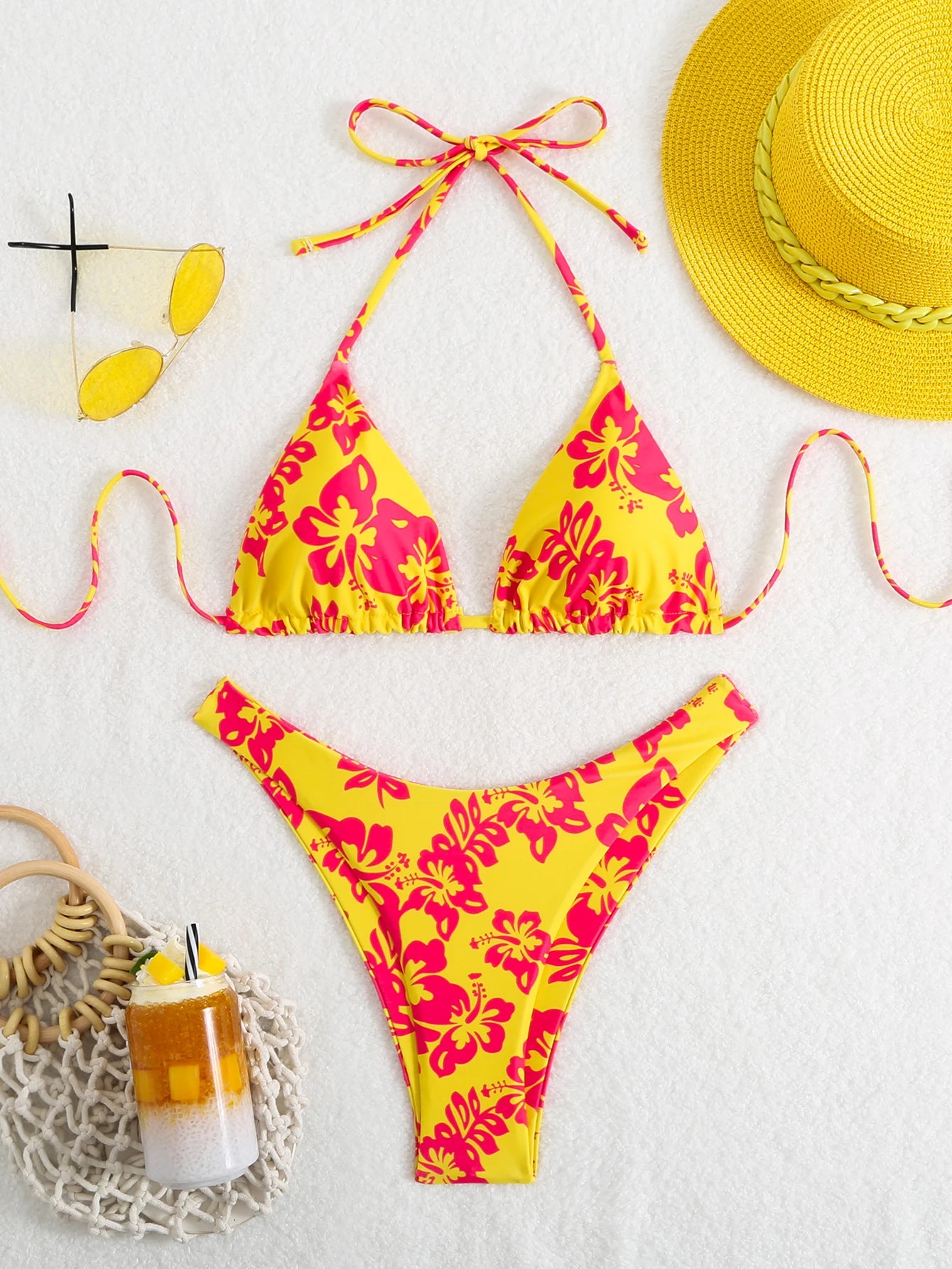 Costume da bagno estivo da donna sexy a vita alta con stampa floreale retrò in 2 pezzi con lacci