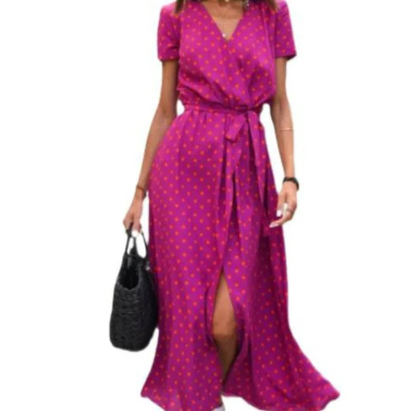 Abito Midi Stampato alla Moda con Spacco, Scollo a V, Maniche Corte, Vita Alta, Gonna a Trapezio, Stile Street, in Poliestere e Spandex, da Donna