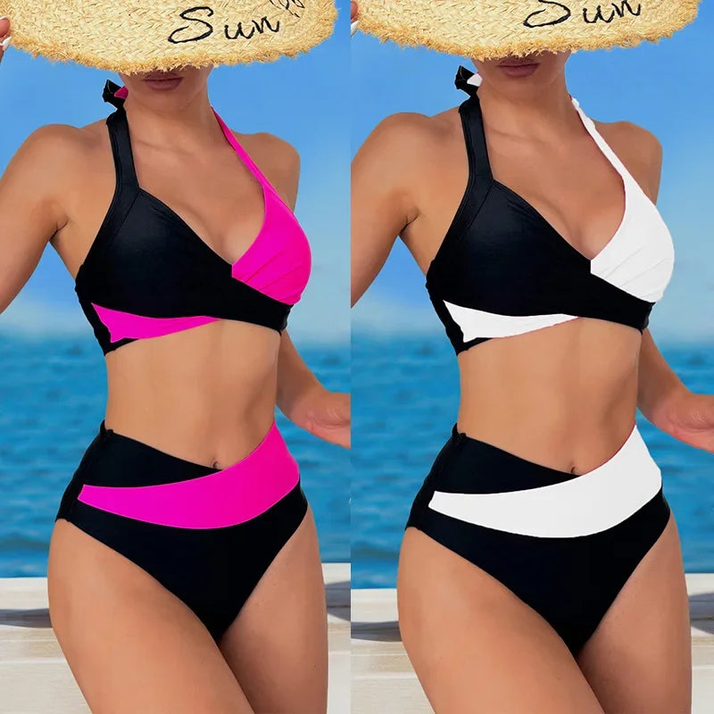 Nuovo Costume da Bagno Bikini Donna 2025 a Vita Alta con Blocchi di Colore e Design Halter - Abbigliamento Mare Diviso alla Moda per l'Export