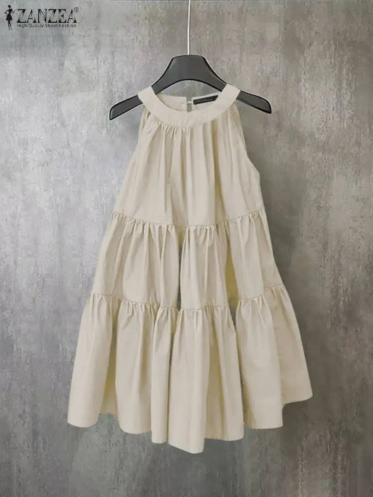 ZANZEA Abito estivo senza maniche a strati con scollo all'americana Donna Coreano con volant Patchwork Abito da spiaggia O-Collo Vestito estivo allentato Sweety Party Vestido