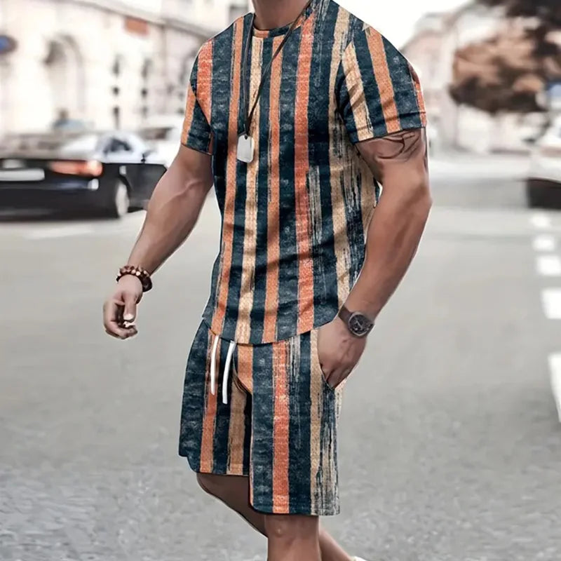 2024 Estate Outdoor Sportswear Uomo Patchwork Stampato Pantaloncini a maniche corte Moda casual Due set Sudore assorbente e confortevole