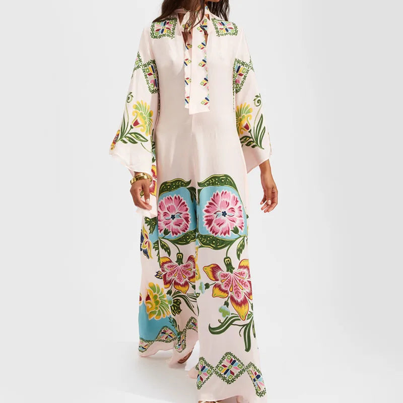 Elegante Abito Lungo a Maniche Lunghe per Feste, Vestito Vintage con Stampa Floreale, Abito Bohémien da Donna con Collo Alto e Vita Alta