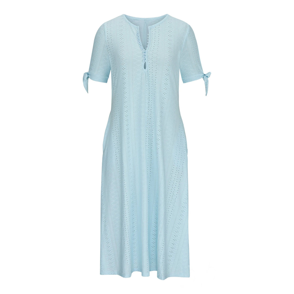 Abito Midi Estivo da Donna Boho con Occhielli e Spalle Scoperte, Maniche Corte, Scollo a V, Bottoni, Vestibilità Ampia, Stile Casual a Trapezio con Tasche