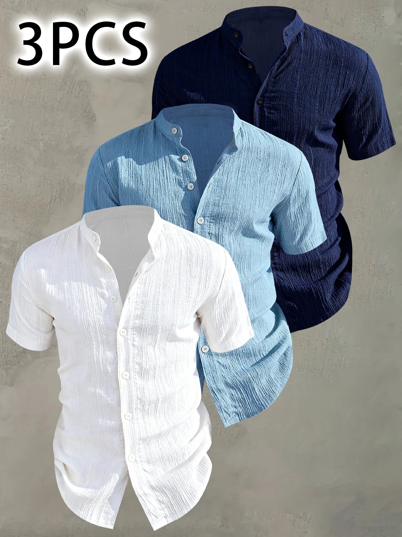 Set di 3 Camicie da Uomo alla Moda, Casual, Manica Corta, Colletto Rialzato, Bottoni, per Estate e Vacanze al Mare