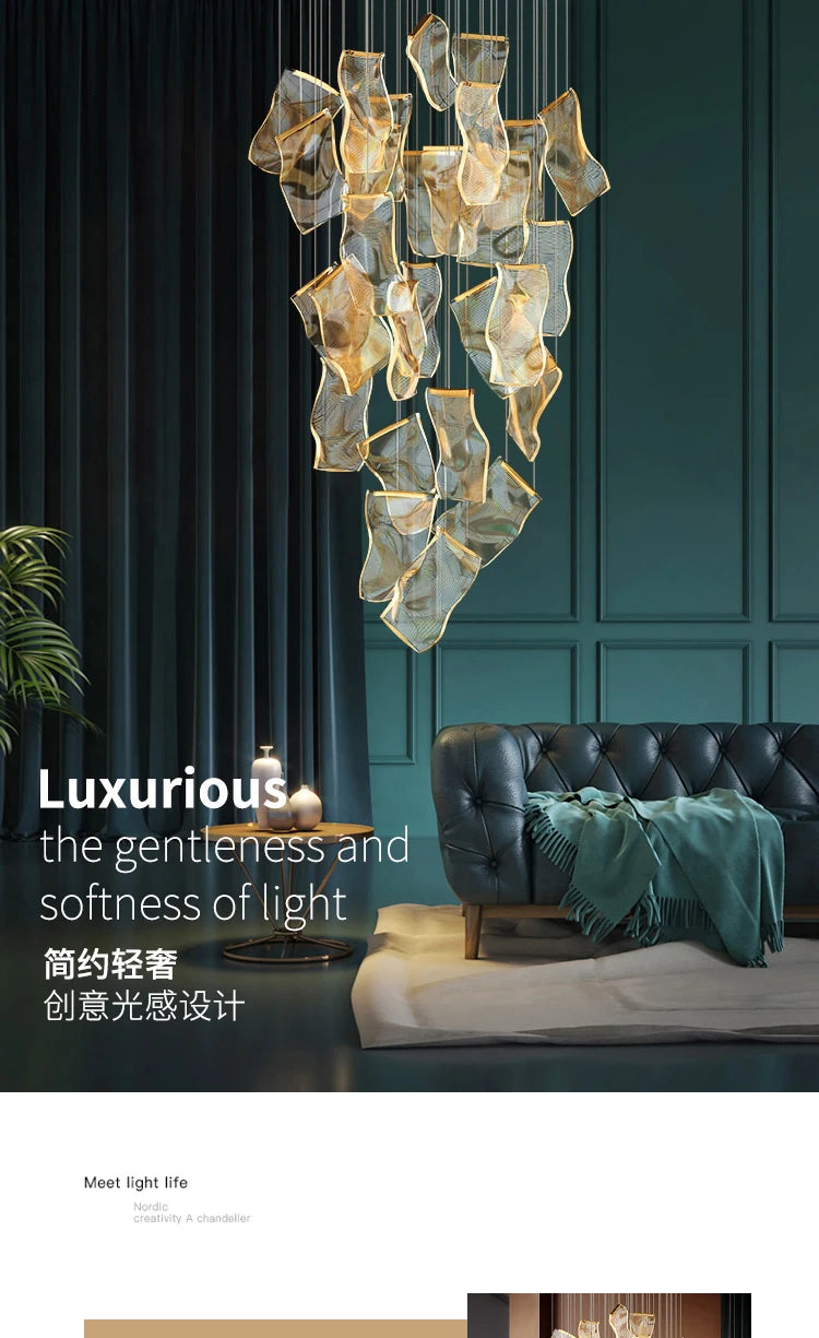 Modern Light Luxury Light Guide LED Long Strip Chandelier Living Room Dining Room Whole House Complete Set Lighting Duplex Rotat