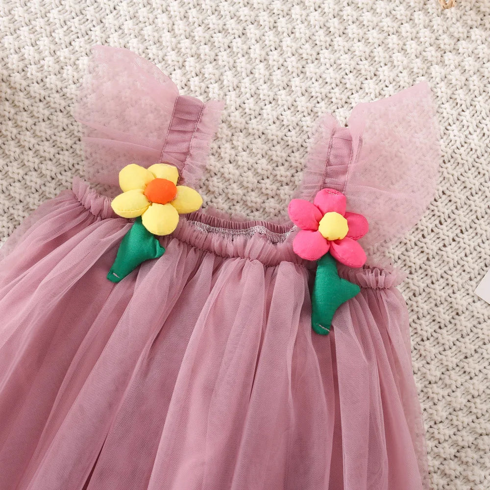 Abito estivo per ragazze con decorazione floreale carina, maglia fresca, bambina, principessa piena (0-3 anni)