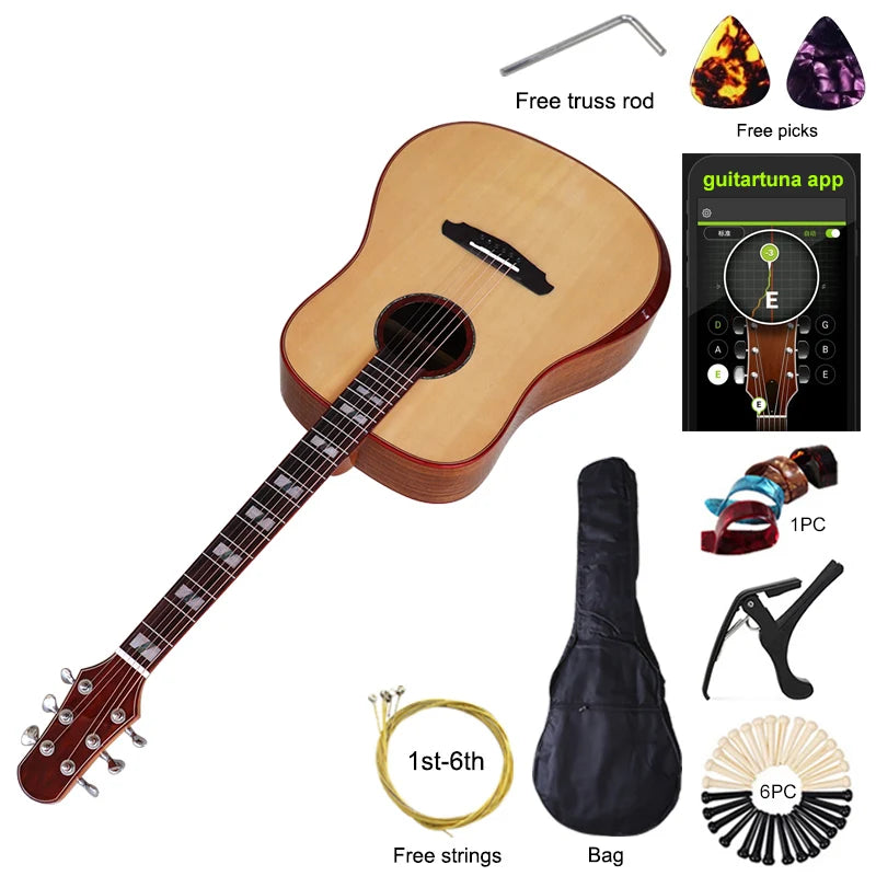 Chitarra acustica elettrica da 40 pollici a 6 corde Colore naturale Colore marrone Chitarra folk di alta qualità con parte superiore in legno massello di abete rosso