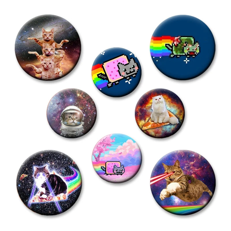 Simpatico e divertente arcobaleno gatto alieno spille con bottoni zaino abbigliamento decorazione spilla cartone animato fantascienza distintivo gioielli regali per bambini