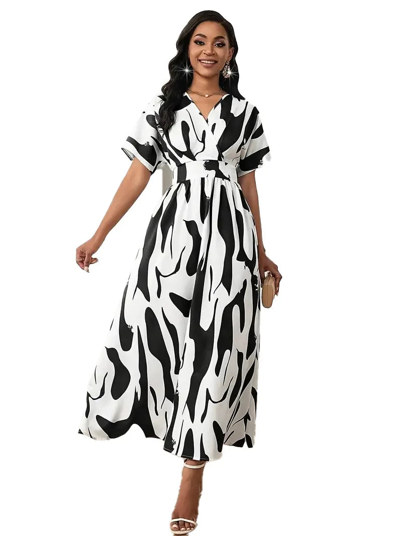 Abito longuette con scollo a V con stampa astratta verde bianco da donna Manica corta Vita alta A-Line Abiti maxi da festa casual estivi fluidi