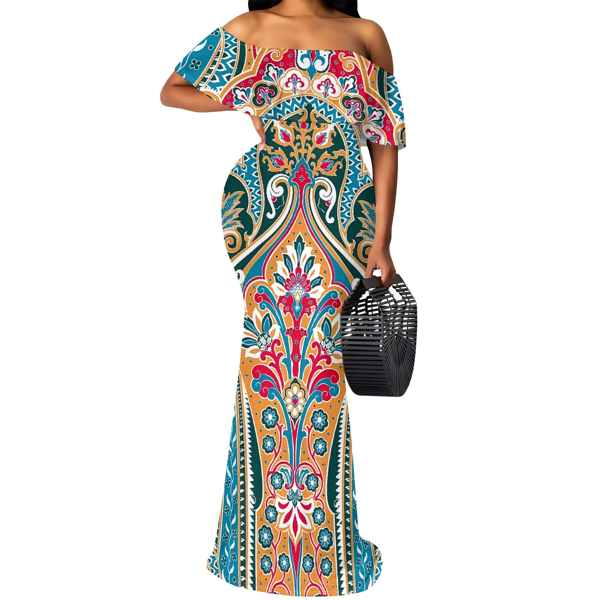Abito lungo con spalle scoperte con stampa paisley vintage colorata Abiti estivi eleganti per feste taglie forti