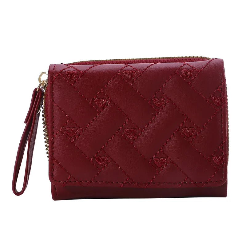 Portafoglio da donna per pelle PU moda ricamato amore tri-fold piccolo portafoglio porta carte portamonete multi-slot per carte interno rosa