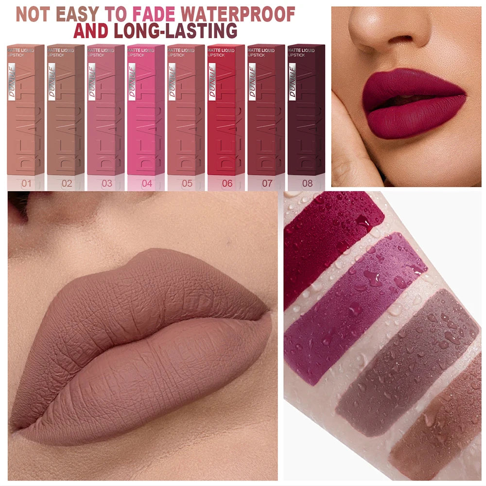 DUNUF Matte Velvet Lip Gloss, rimpolpanti 3D e impermeabili, rossetto a tubo quadrato, facile applicazione, 8 tonalità (tutto in uno)