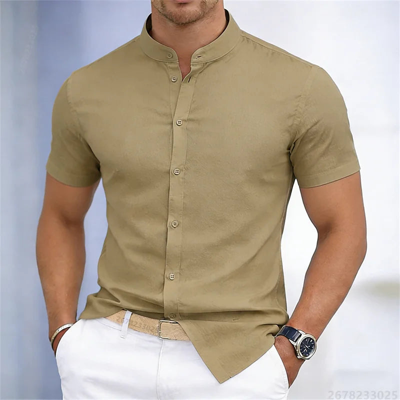 Camicia da uomo a maniche corte con colletto rialzato, bianca o nera, tinta unita, vestibilità slim, top da uomo business casual, taglie XS-6XL.