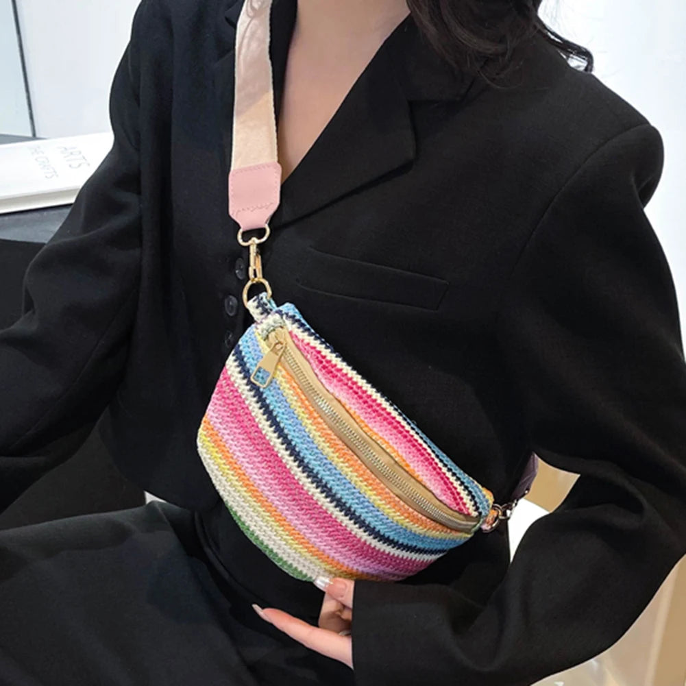Borse a tracolla da donna a righe arcobaleno, borsa a tracolla in paglia intrecciata alla moda, casual, con tracolla regolabile, semplice e colorata, per vacanze nel fine settimana