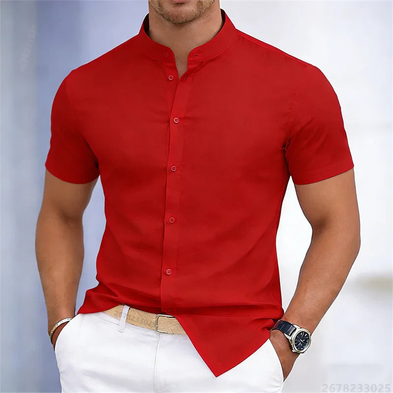 Camicia da uomo a maniche corte con colletto rialzato, bianca o nera, tinta unita, vestibilità slim, top da uomo business casual, taglie XS-6XL.