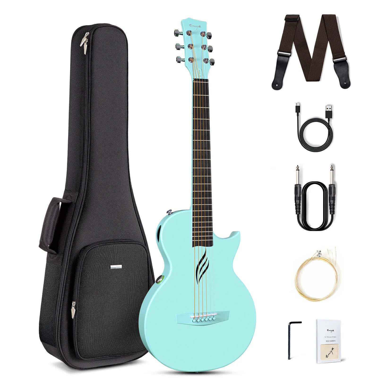 Enya NOVA GO SP1 Chitarra Acustica-Elettrica in Fibra di Carbonio da 35 Pollici con Effetti Integrati, Bluetooth e Pacchetto per Principianti