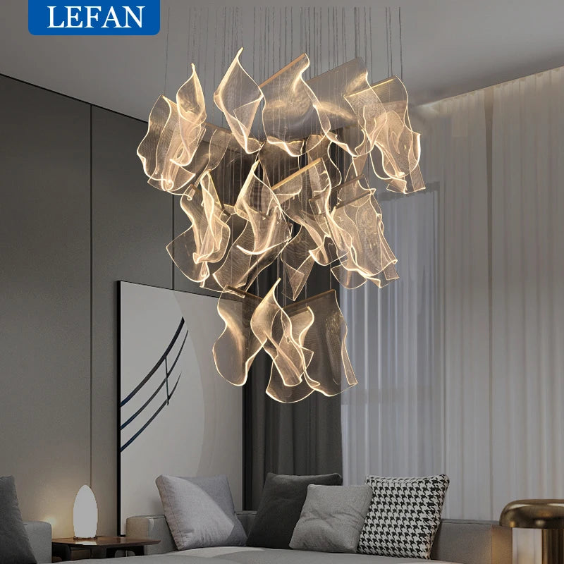 Modern Light Luxury Light Guide LED Long Strip Chandelier Living Room Dining Room Whole House Complete Set Lighting Duplex Rotat