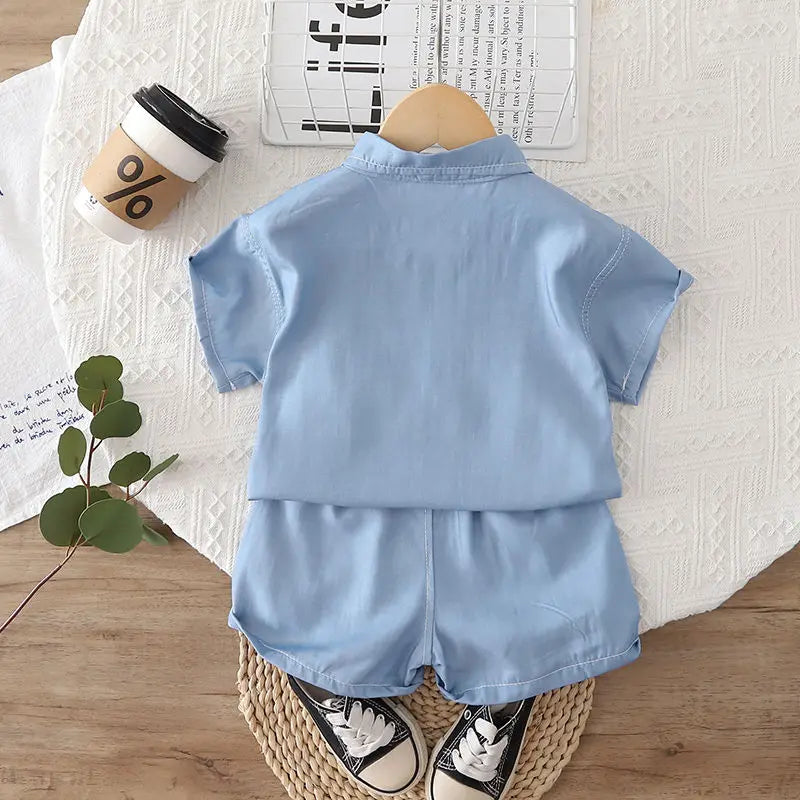 Abbigliamento Estivo in Cotone per Bambini, Set 2 Pezzi con Camicia in Denim e Pantaloncini, Tuta alla Moda per Bambini 0-5 Anni