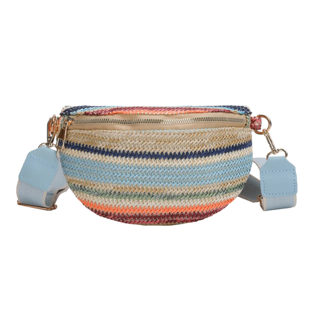 Borse a tracolla da donna a righe arcobaleno, borsa a tracolla in paglia intrecciata alla moda, casual, con tracolla regolabile, semplice e colorata, per vacanze nel fine settimana