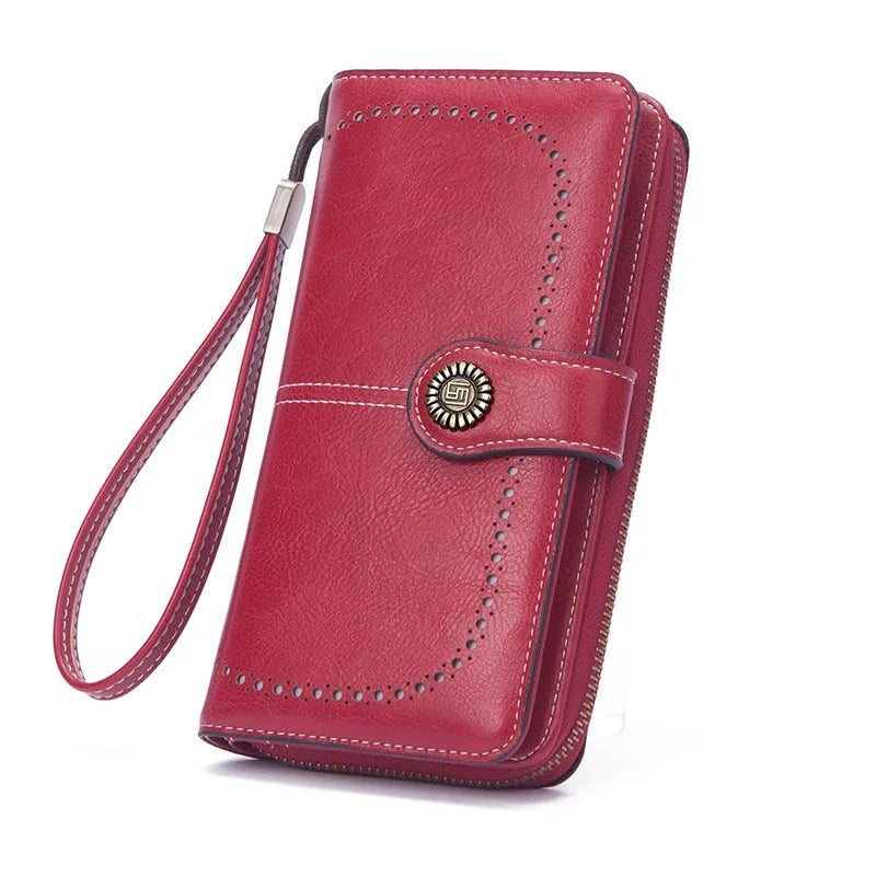 Borsa a mano in pelle cerata con blocco RFID, porta carte di credito multifunzionale a doppia piega, portafoglio da donna lungo retrò di grande capacità