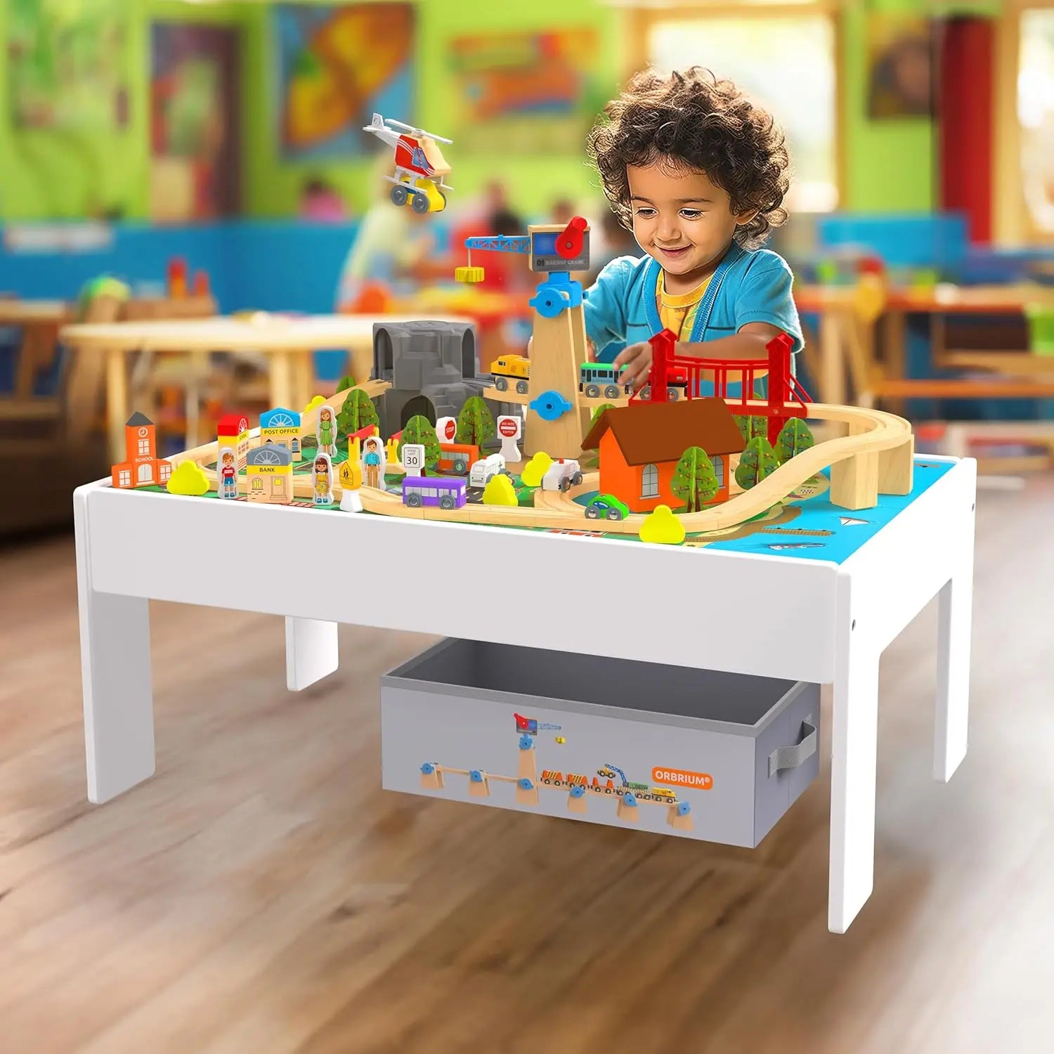 Tavolo da treno Set di treni e tavolo da attività in legno 2 in 1 - Giocattolo STEM da 112 pezzi con piano reversibile per giochi e apprendimento, contenitore portaoggetti - Età