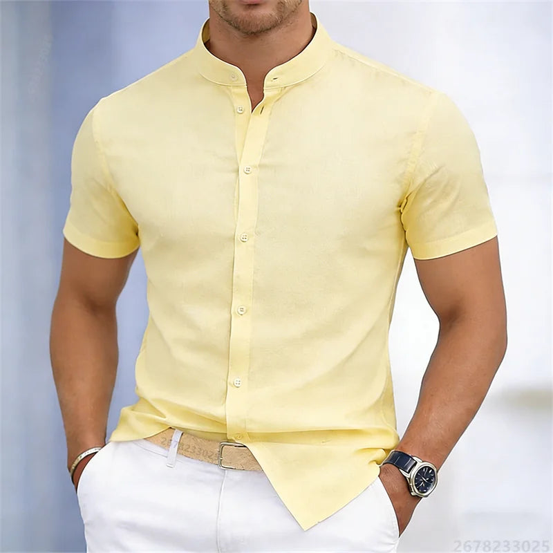 Camicia da uomo a maniche corte con colletto rialzato, bianca o nera, tinta unita, vestibilità slim, top da uomo business casual, taglie XS-6XL.