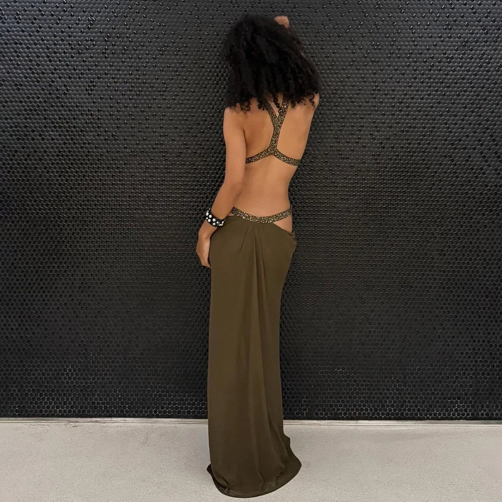 Abito lungo da donna sexy Halter scava fuori senza schienale senza maniche increspato abiti lunghi da sera Party Chic Robe verde viola estivo