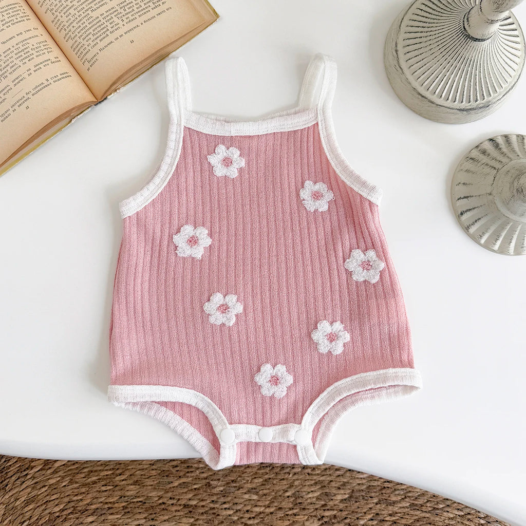 Tutina estiva per bambini con fiori rosa, traspirante, comoda, con bretelle, abbigliamento casual da spiaggia, adatto per 0-3 anni